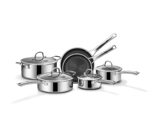 SNOWCLAD Pots and Pans Set Non Stick | Stainless Steel Kitchen Cookware | 10 Pcs | PFOA Free | Hybrid | Induction Compatible | Frying Skillet, Saucepans, Saute Pan & Stock Pot