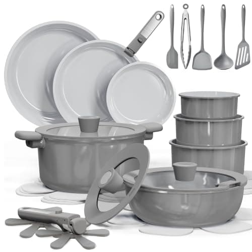 CAROTE 27pcs Ceramic Cookware Set, Pots and Pans Set with Detachable Handle | Non-Stick, Non-Toxic, PFAS and PFOA Free, Induction Compatible, Dishwasher & Oven Safe, Space Saving, Camping Cooking, Gray