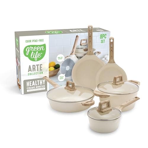 GreenLife 8 Piece Ceramic Nonstick Cookware Set, Induction Suitable Non Toxic PFAS-Free Pots & Pans, Dishwasher Safe, Cooking Set, Stock Pot, Saucepans & Frying Pans, Kitchen Cooking, Granite Cream