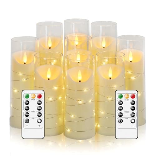 Eebuss Flameless Candles with Embedded Star String, Battery Operated LED Pillar Candles with Timer and Remote Control,Home Decorating for Ambiance， Set of 9 (Ivory)