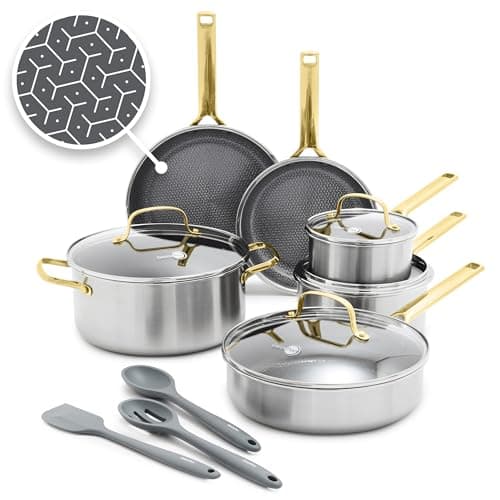 GreenPan Hybrid APEX 13 Piece Stainless Steel Ceramic Nonstick Cookware Set | Tri-Ply Pots & Pans, PFAS-Free Thermobond Nonstick, Induction & All Stovetop Compatible, Dishwasher & Oven Safe to 850F, Gold