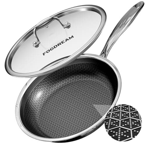 FogDream Non Stick Frying Pans, 10 Inch Stainless Steel Skillet with Tempered Glass Lid Tri-Ply Stainless Steel for All Cooktops, Dishwasher & Oven-Safe Cooking Pan, Stay-Cool Handle, Silver