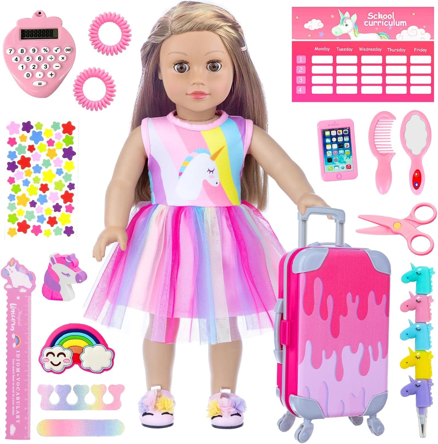 21pcs 18 Inch Doll Clothes and Accessories for Doll School Play Set Includes Suitcase, Clothes, Sticker, Class Schedule Card, Comb, Mirror, Eraser, Calculator, Nail File Buffer, Pencil, Ruler