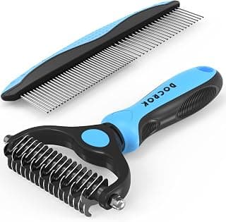 Docrok Pet Grooming Combo - Blue Deshedding Brush with Metal Comb for Detangling and Dematting Long, Matted Fur on Cats and Dogs