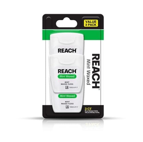 REACH Waxed Dental Floss, Mint, Plaque Remover for Teeth, Shred Resistant, Floss Slides Smoothly, Easy to Use, Waxed, Deep Cleaning Teeth, Oral Care, PFAS Free, for Adults & Kids, 3 Pack, 55 yd