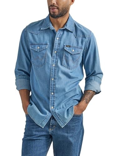 Wrangler Men's Iconic Regular Fit Snap Shirt, Lake Wash, Large