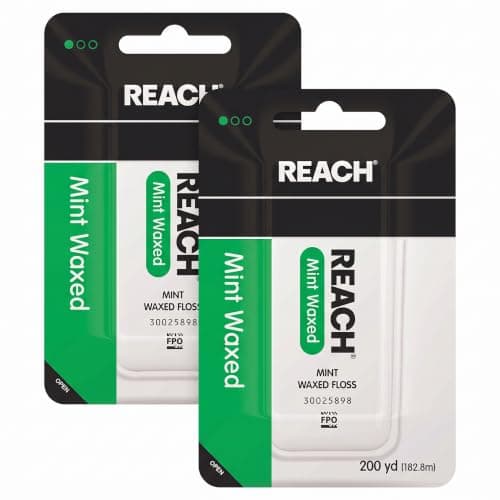 REACH Waxed Dental Floss, Mint, Plaque Remover for Teeth, Shred Resistant, Floss Slides Smoothly, Easy to Use, Waxed, Deep Cleaning Teeth, Oral Care, PFAS Free, for Adults & Kids, 200 yd (Pack of 2)