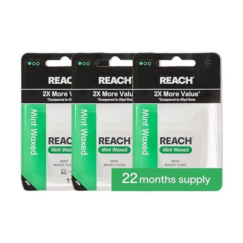 REACH Waxed Dental Floss, 2X More Value, Plaque Remover for Teeth, Shred Resistant, Floss Slides Smoothly, Easy to Use, Waxed, for Adults & Kids, Oral Care, PFAS Free, 3 Pack, 115 yd, Mint
