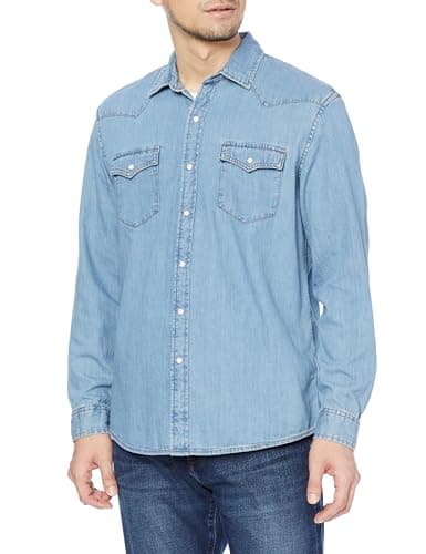 Amazon Essentials Men's Slim-Fit Long-Sleeve Denim Western Style Cotton Shirt with Snap Buttons, Lightweight, Light Blue, X-Large