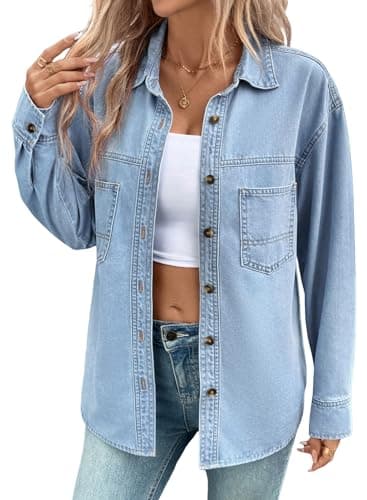 Sidefeel Women Denim Shirts Long Sleeve Button Down Jean Jackts Sky Blue L