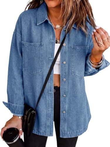 Tankaneo Womens Oversized Denim Shirt Jacket Button Down Fall Jean Shacket
