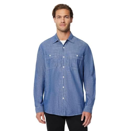 Amazon Essentials Men's Regular-Fit Long-Sleeve Lightweight Cotton Chambray Shirt with Pockets, Rinsed, X-Large