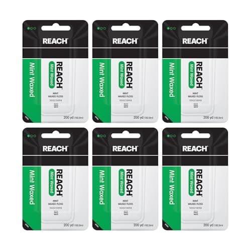 REACH Waxed Dental Floss, Mint, Plaque Remover for Teeth, Shred Resistant, Floss Slides Smoothly, Easy to Use, Waxed, Deep Cleaning Teeth, Oral Care, PFAS Free, for Adults & Kids, 6 Pack, 200 yd