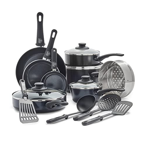 GreenLife 16 Piece Ceramic Nonstick Pots & Pans Cookware Set, Black | PFAS-Free Nonstick Coating, Stockpot, Frying Pans, Saucepans, Sauté Pan, Stay-Cool Handles, Dishwasher & Oven Safe up to 350F