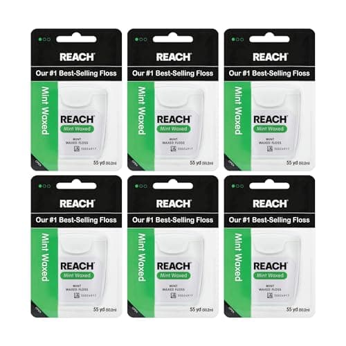 REACH Waxed Dental Floss, Mint, Plaque Remover for Teeth, Shred Resistant, Floss Slides Smoothly, Easy to Use, Waxed, Deep Cleaning Teeth, Oral Care, PFAS Free, for Adults & Kids, 6 Pack, 55 yd