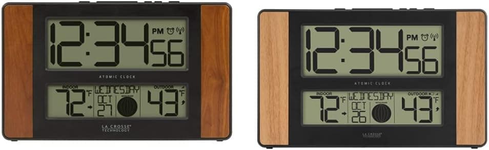 La Crosse Technology 513-1417CH-INT Atomic Digital Clock with Temperature and Moon Phase, 11.10"L x 1.14"W x 6.61"H, Cherry & Atomic Digital Clock with Outdoor Temperature, Wood Oak, 0