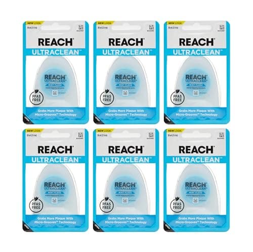 REACH Ultraclean Dental Floss, Mint, Plaque Remover for Teeth, Shred Resistant, Waxed, Easy on Gums & Teeth, Mint, Oral Care, PFAS Free, for Adults & Kids, 6 Pack, 30 yd