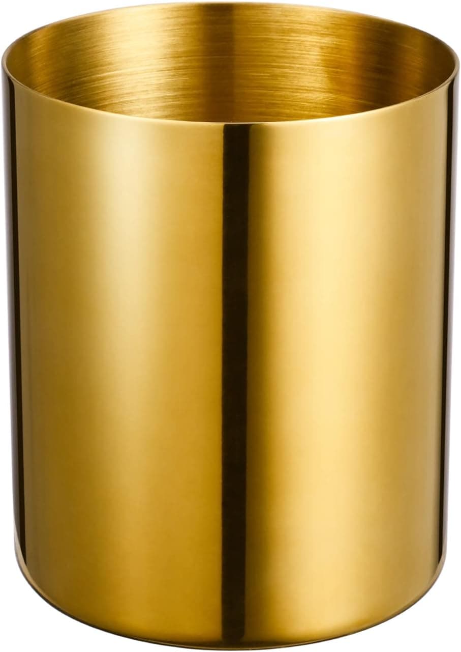 Golden 304 Stainless Steel Mirror-Polished Round Pen Holder – Nordic Style Pencil Cup & Makeup Brush Organizer for Office, Home, Kitchen, Bathroom, and Vanity