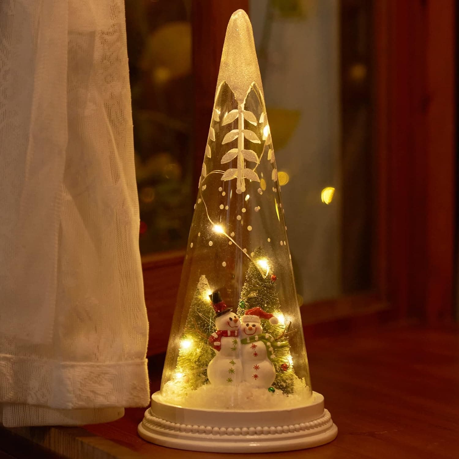 Christmas Table Decorations 11 Inch Lighted Snowman Indoor Home Decor Glass Cone Tall Glass for Tabletop Window Mantel Display Party Light Up Snowman Holiday Present