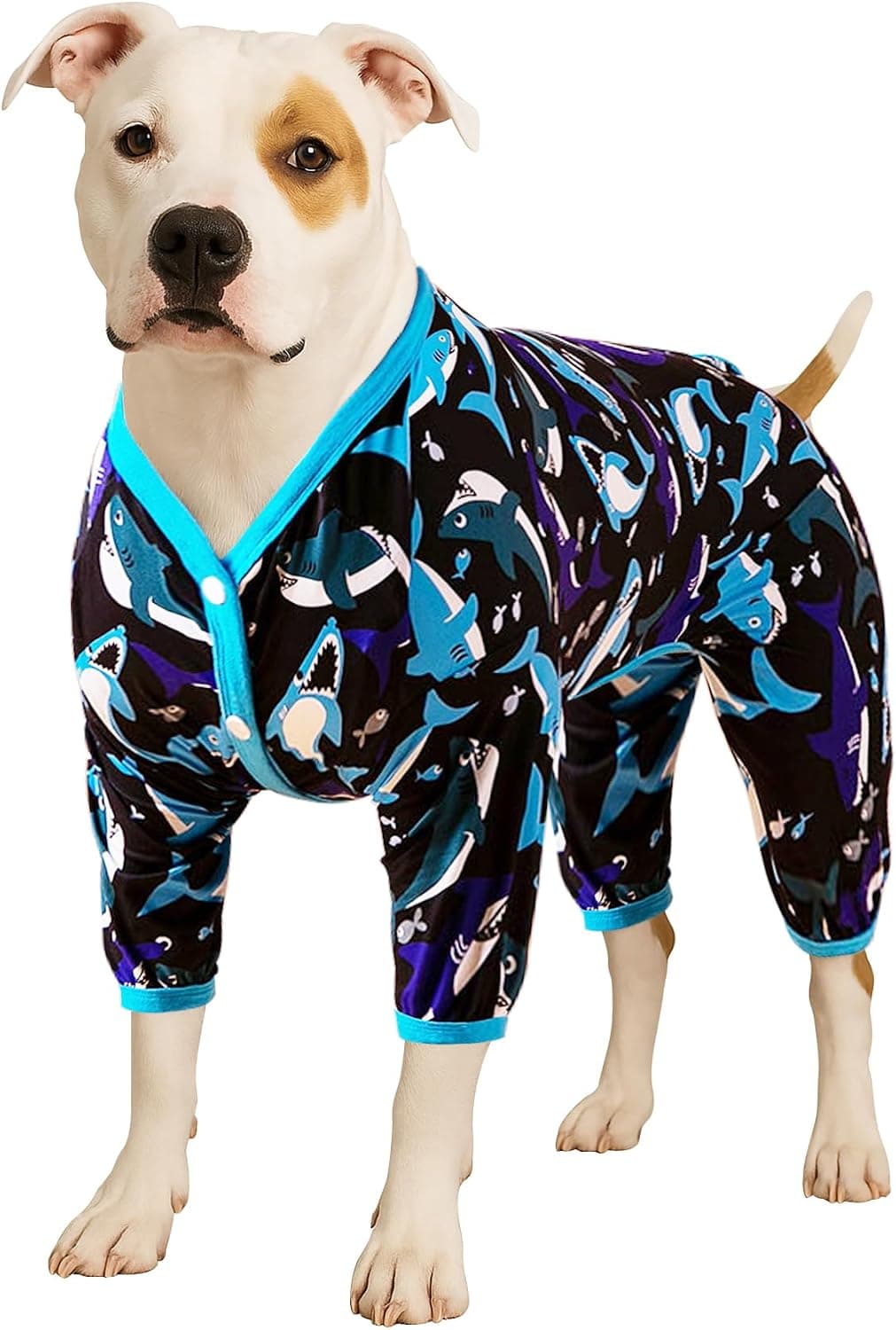 LovinPet Dog Pjs Large Breed - Pet Anxiety Relief, Anti-Shedding Dog Pajamas, Lightweight Stretchy Fabric, Whale Hello There White Print, Large Pitbull Pajamas, Pitbull Clothes All Season/Medium
