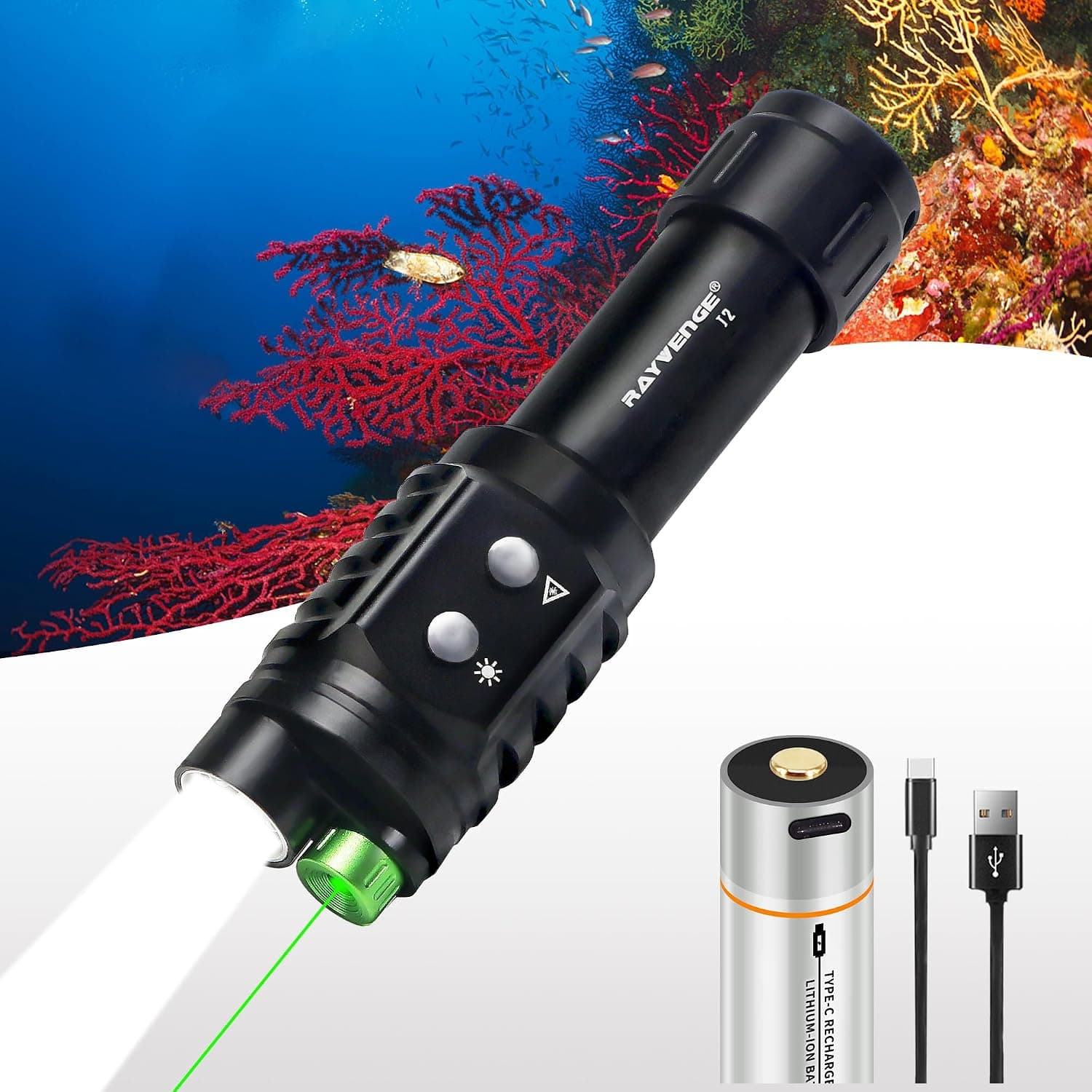J2 Scuba Diving Flashlight, 2-in-1 with 1000 Lumens White Light,1500 Meters Green Beam, Underwater 100 Meters, Dual-Button Switch Torch