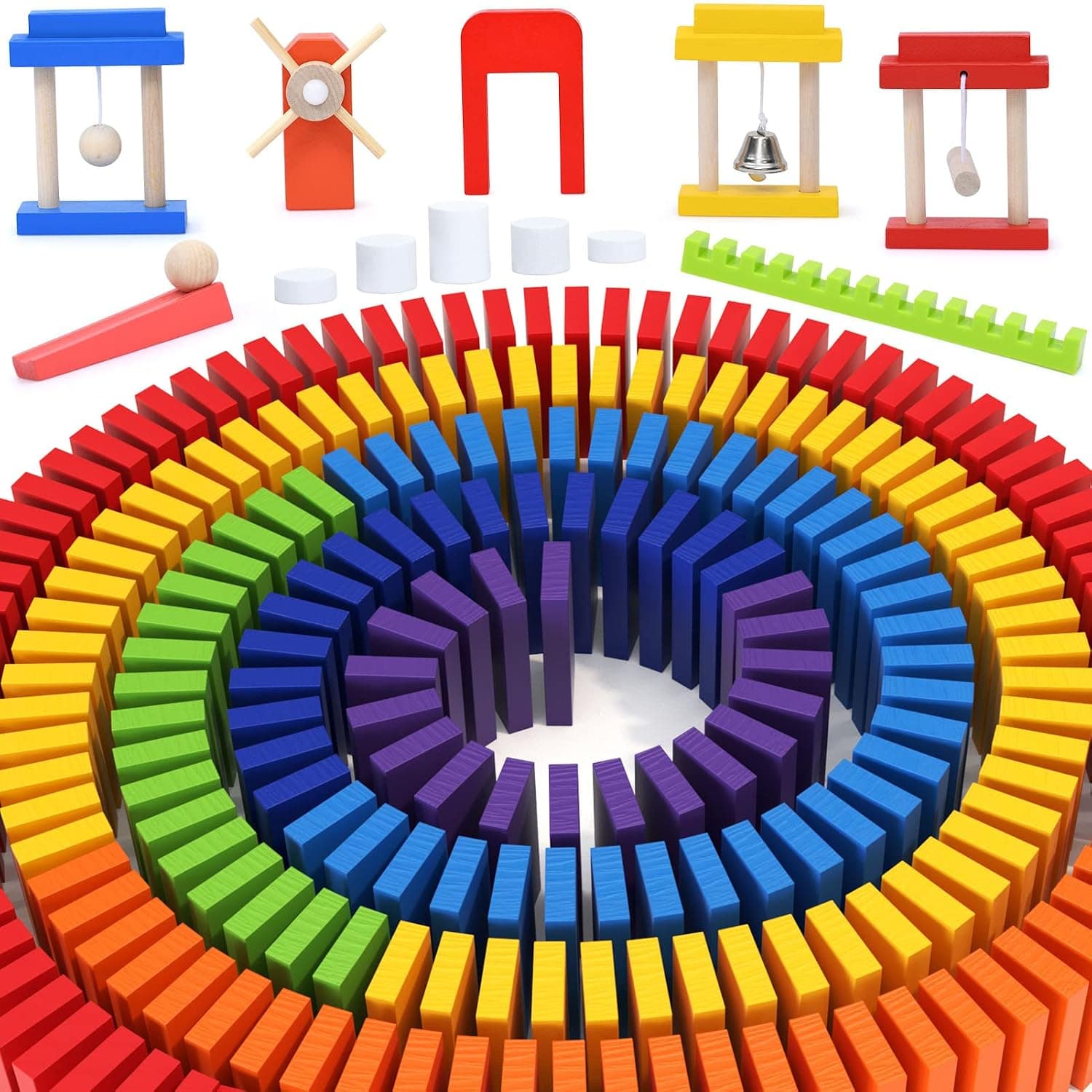 Atoylink 120PCS Dominoes for Kids Wooden Building Blocks Colorful Bulk Dominoes Set Racing Tiles Games for Adults with Extra 8 Add-on Blocks and Storage Bag