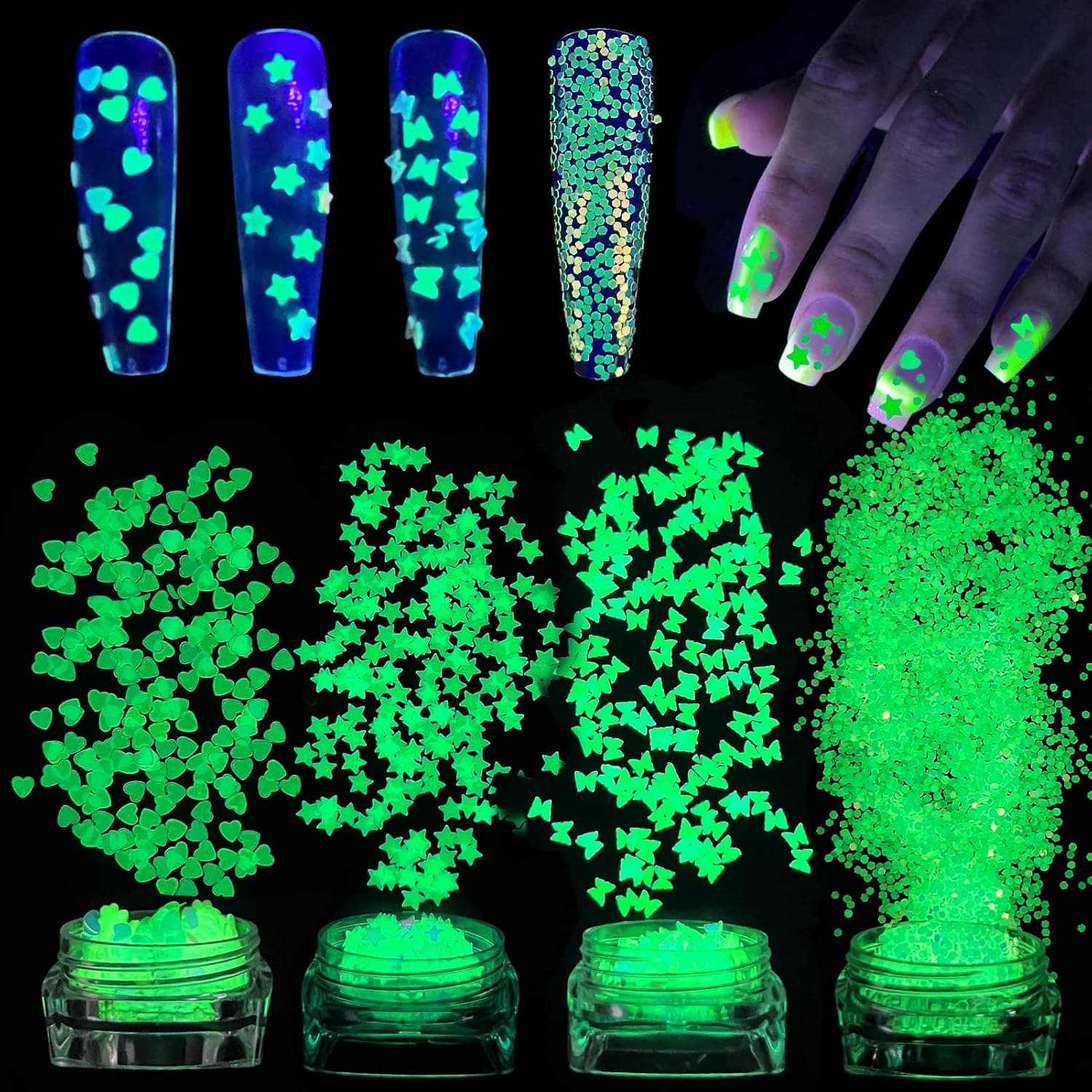 4 Boxes Luminous Nail Art Glitters Glow in The Dark Holographic Nail Sequins Butterfly Star Heart Shape Nail Glitter Nail Sparkle Sequins for Body Face Glitters Acrylic Nail Halloween Nail Decorations