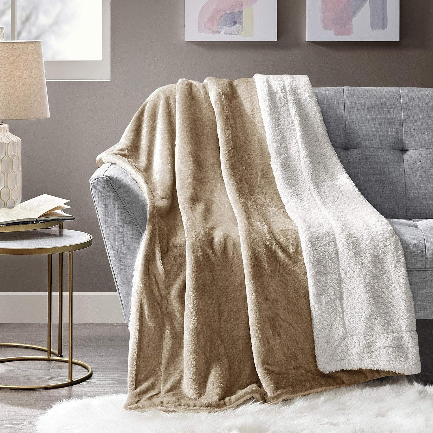 Comfort Spaces Sherpa for Couch and Bed, Plush Fleece Reversible Throw-Blanket with Fuzzy Faux FurThrows, 50x60, Solid Tan