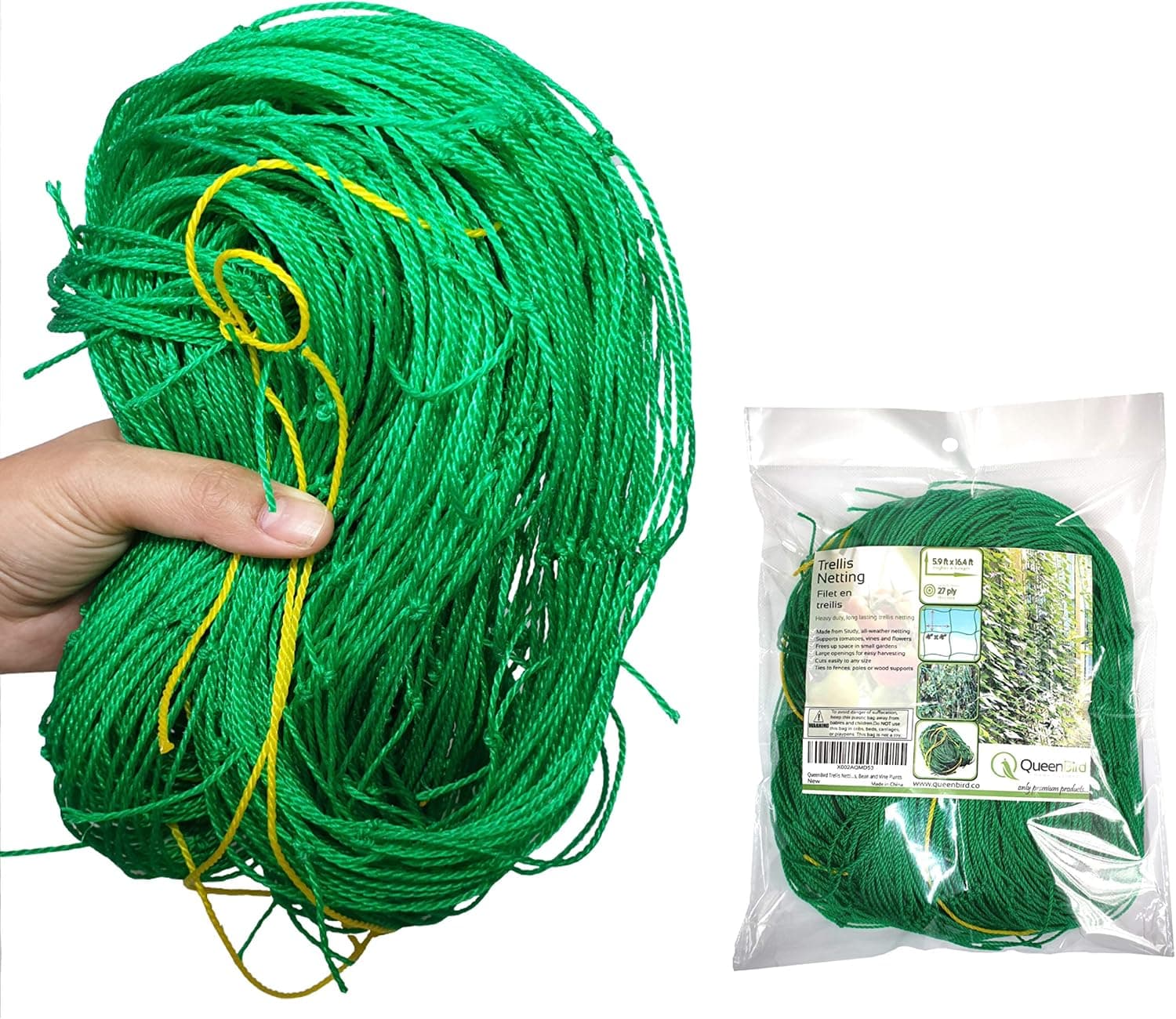 QueenBird Trellis Netting - Heavy Duty Garden Trellis Netting for Climbing Plants - 5.9 Feet X 16.4 Feet - Garden Netting for Vegetables, Clematis, Cucumber, Tomatoes and Vine Plants - Plant Trellis